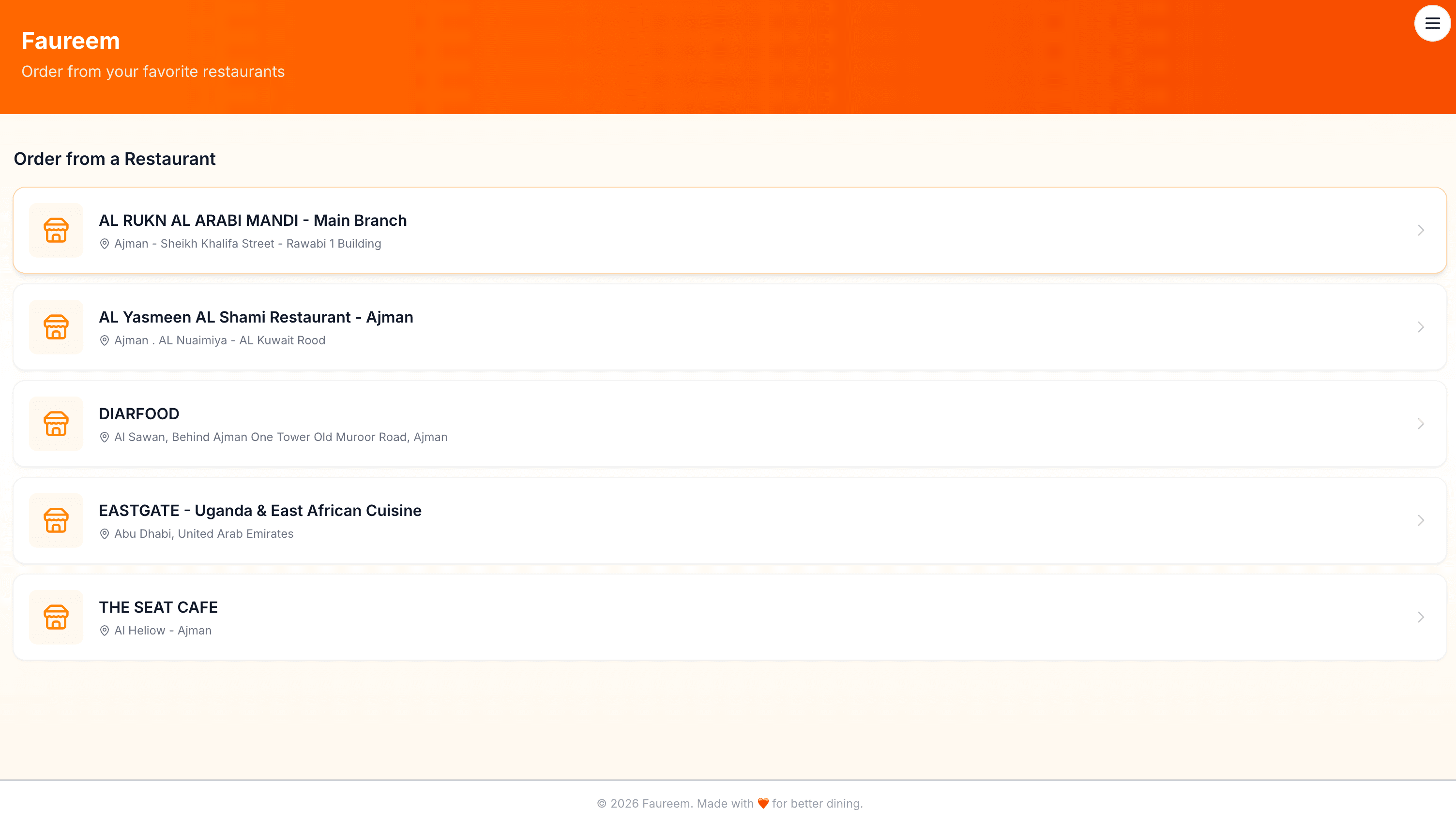 Faureem online ordering interface
